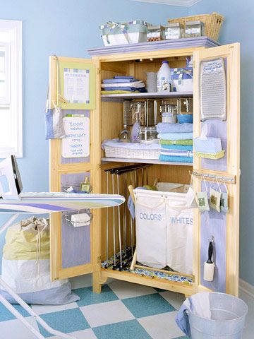 Great way to hide all that clutter in a laundry room. via http://www.bhg.com/rooms/laundry-room/makeovers/easy-laundry-room-updates/#page=10 Laundry Cupboard, Laundry Room Update, Laundry Center, Antique Armoire, Laundry Room Storage, Plywood Furniture, Laundry Room Makeover, Laundry Room Organization, Laundry Room Decor