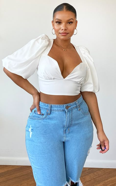 Plus Size Crop Top Outfit, Crop Top Blanco, Jeans And A Nice Top, Plus Size Crop Tops, Look Plus Size, Looks Party, Top Plus Size, Crop Top Outfits, Puff Sleeve Dresses