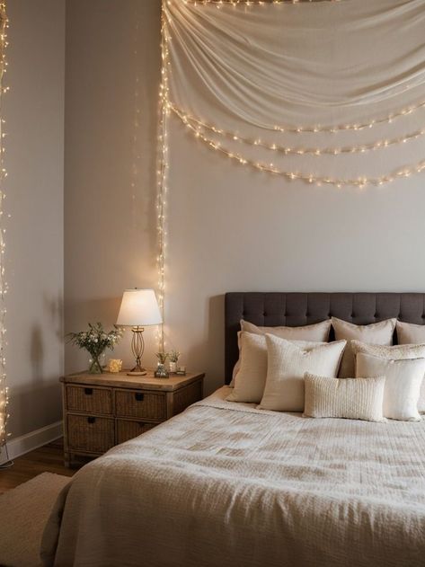 Lights Beside Bed, Aesthetic Landscapes, Unique Backdrop, Enchanting Aesthetic, Rattan Bed Frame, Landscape Tapestry, Rattan Bed, Tapestry Bedroom, Fairy Lights