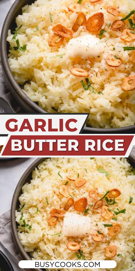 Garlic butter rice is an amazingly flavorful side dish that goes well with almost every cuisine that there is. Garlic Rice Recipe, Buttered Rice Recipe, Garlic Rice Recipes, Garlic Butter Rice, Buttery Rice, Garlic Chips, Garlic Rice, Vegetarian Chicken, Butter Rice