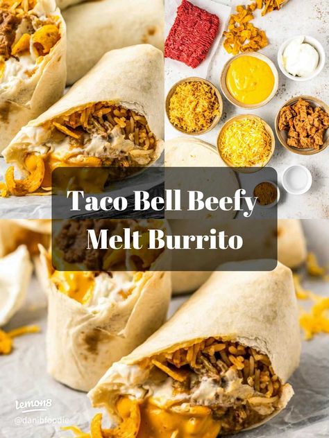 Taco Bell Beefy Melt Burrito | Gallery posted by Dani👩🏼‍🍳 | Lemon8 Beefy Cheese Melt Taco Bell, Frito Burrito Taco Bell Recipe, Taco Bell Beef Quesarito, Beefy Melt Burrito Taco Bell, Taco Bell Meximelt, Frozen Burritos, Leftover Rice, Mexican Rice, Mexican Cheese