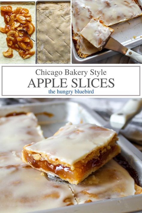 Chicago-style bakery apple slices, apple filling between two crusts in a sheet pan, topped with vanilla glaze and cut into squares. A delicious snack or dessert! #thehungrybluebird #bakeryappleslices #appleslices #dessert #snack #pastry #appledessertsquares #comfortfood Bakers Square Pie Recipes, Chicago Apple Slices, Apple Crust, Apple Squares, Slab Pies, Apple Slice Recipe, Oreo Desserts, Homemade Bakery, Fall Apple Recipes