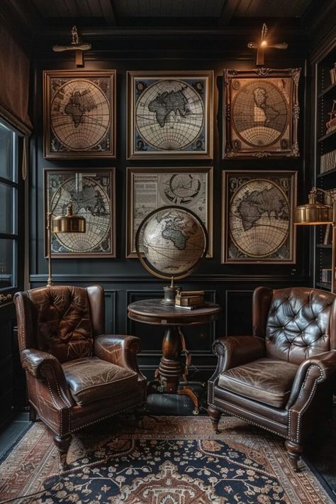 Cartographer's Enclave Dark Academia Interior, Academia Decor, Dark Academia Decor, Whimsical Home, Bachelor Pad, المملكة العربية السع�ودية, Fantasy Map, Antique Wood, Dark Academia Aesthetic