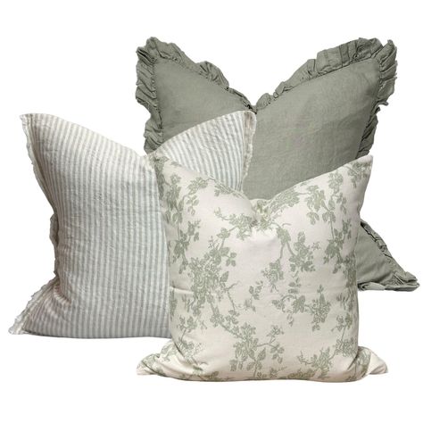 Introducing our Aria Green Floral Cushion Combination. By purchasing one of our cushion combinations you are guaranteed to get a full cohesive look which has been hand selected to perfection. This bundle includes : 1 x Esmee Beige Stripe 45 x 45cm 1 x Hallie Dusty Sage 45x 45cm  1 x Aria Green Floral 45 x 45cm This bundle can be purchased as either Cover only, or With Feather Inserts. * Please note that cushions/covers in combinations cannot be returned individually. Olive Green Guest Room, Green Cushions Bedroom, Sage Green Pillows Living Room, Cream And Sage Green Living Room, Sage Green And White Living Room, Sage Green Guest Bedroom, Sage And Cream Living Room, Sage Green Cushions, Green Accent Decor