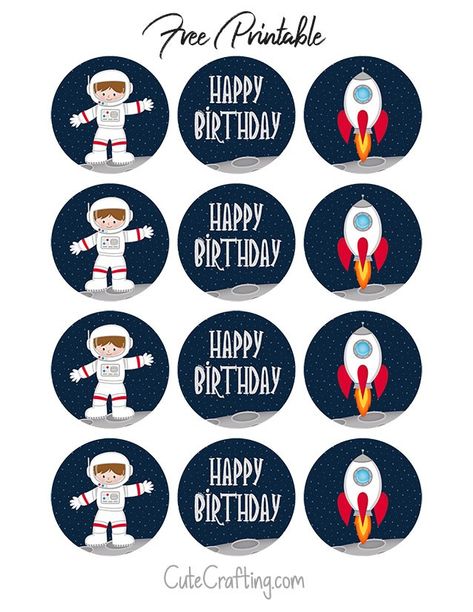 Outer Space Astronaut Spaceship Printable Happy Birthday Cupcake Toppers Astronaut Cupcakes Space Theme, Astronaut Cupcake Toppers, Space Party Free Printables, Space Theme Cake Topper Printable, Nasa Decorations Space Party, Space Cake Topper Printable, Astronaut Cake Topper Printable, Space Themed Birthday Party Decoration, Spaceship Printable