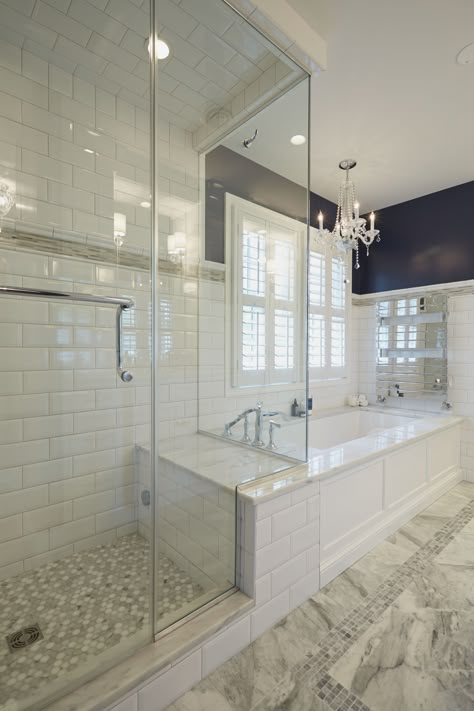 Glass enclosed shower with bench connected to the platform of a soaking tub with heated towel racks above. Makeover Kamar Mandi, Modern Bathtub, Large Bathroom, Master Bath Ideas, Master Bathrooms, Bathroom Remodel Designs, Master Bath Remodel, Trendy Bathroom, Dream Bathrooms