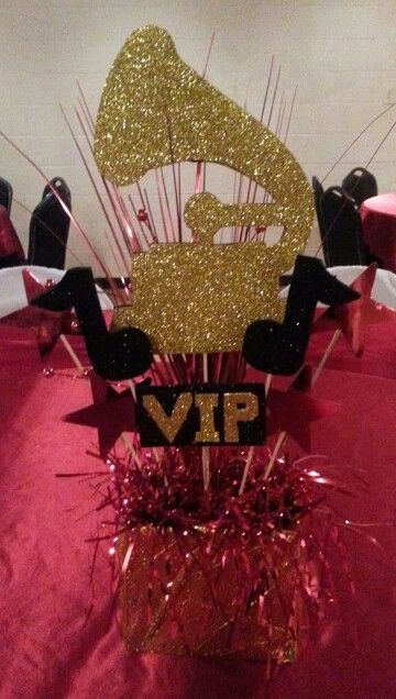 Grammy centerpieces VIP Vip Party Ideas Table Decorations, Vip Table Centerpiece, Night At The Grammys Party, Vip Centerpieces, Awards Banquet Decorations, Grammy Themed Party Decoration, Grammy Party Ideas, Grammy Themed Party, Grammy Awards Party Ideas