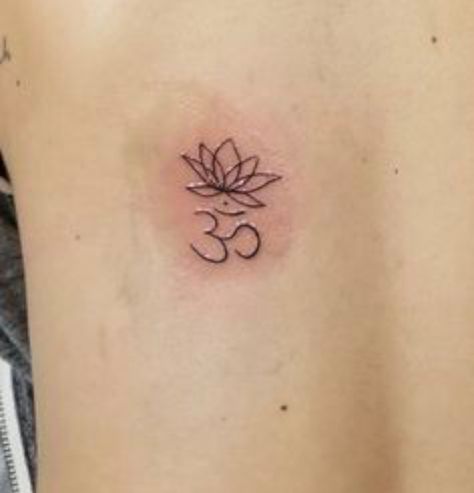 Cute Om Tattoo, Lotus Flower Ohm Tattoo, Om Tattoo Minimalist, Small Om Tattoo For Women, Lotus Flower Om Tattoo, Tiny Om Tattoo, Om With Lotus Tattoo, Lotus And Om Tattoo, Om And Lotus Tattoo