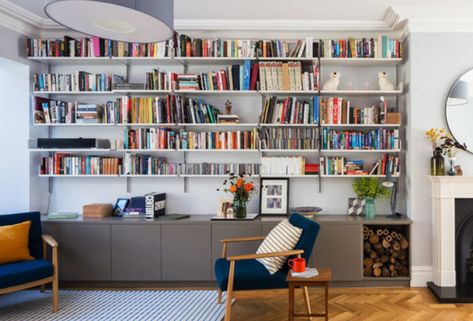 Living room:  wall mounted adjustable floating shelves, cabinets below.  Couch in front of that, far enough away so that cabinet doors could open (or have sliding doors) Alcove Shelving, London Living Room, Cool Shelves, Living Room Transitional, Modern Rustic Living Room, Bookshelves In Living Room, Transitional Living, Modular Shelving, Living Room Shelves