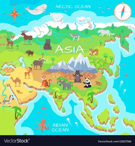 Asian Animals, Cartoon Map, Isometric Map, Asia Map, Arctic Ocean, Life Nature, Web Themes, Flat Vector, Illustrated Map