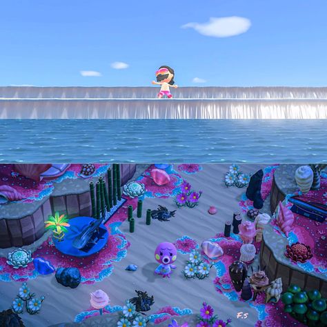 Acnh Mermaid, Anch Ideas, Animal Crossing Rooms, Acnh Build Ideas, Mermaid Island, Water Island, Ac Ideas, Under The Ocean, Acnh Island Ideas