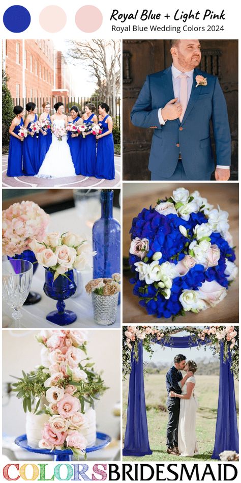 Best 8 Royal Blue Wedding Colors for 2024 - Royal Blue and Light Pink Royal Blue And Peach Wedding, Blue And Light Pink Wedding, Royal Blue Wedding Colors, Wedding Color Royal Blue, Light Pink Bouquet, July Wedding Colors, Blue Wedding Colors, Ice Blue Bridesmaid Dress, Wedding Brainstorming