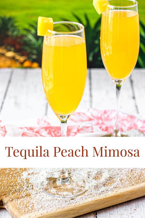 Ready to upgrade your boozy brunch? Make tequila peach mimosas for a fun twist on the typical mimosa. A blend of peach juice, pineapple juice, tequila, peach schnapps and champagne make this the boozy brunch must-have! Tropical Mimosa, Peach Mimosa, Brunch Mimosa, Holiday Party Drinks, Mimosa Recipe, Boozy Brunch, Brunch Drinks, Summer Drink Recipes, Peach Juice