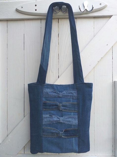 Bow design denim tote by Dollychopsbags on Etsy Recycled Denim Tote, Yellow Satin, Baby Fabric, Medium Sized Bags, Denim Tote Bags, Upcycle Jeans, Denim Tote, Casual Evening, Patchwork Bags