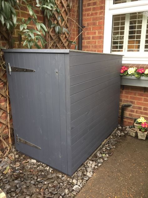 Buggy/ Pram shed. Designed to fit into this small gap. Come complete with a wooden floor, felted roof,Two locks fitted and painted in light grey. Pram Storage Ideas, Buggy Storage, Pram Storage, Bin Storage, Roofing Felt, House Extension, Bike Shed, Bike Storage, Wooden Floor