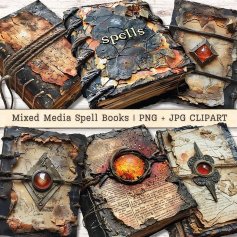 Halloween Altered Books, Mixed Media Halloween, Mini Spell Book, Collage Cutouts, Books Clipart, Mixed Media Boxes, Halloween Spell Book, Halloween Junk Journal, Clothing Prints