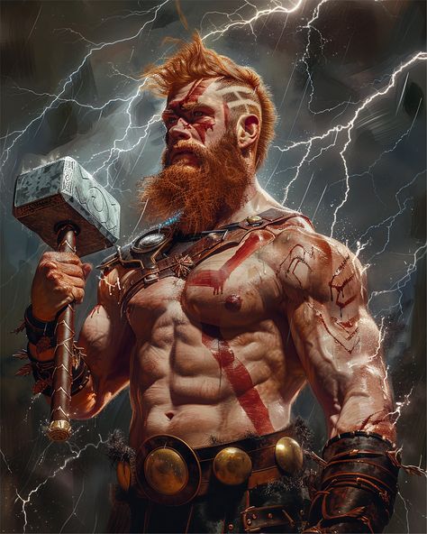 Digital oil painting of the norse god Thor. Thor, a central figure in Norse mythology, is the god of thunder and son of Odin, the Allfather. With his mighty hammer, Mjolnir, Thor defends Asgard and Midgard, the realm of humans, from threats. Known for his strength and bravery, Thor embodies protection, fertility, and the thunderstorm. His red beard and powerful stature are iconic, symbolizing his role as a guardian and champion of the gods. Thor's adventures often involve battles against giants Thor Digital Art, Thor Norse Mythology Art, Thor God, Thor Art, Nordic Mythology, Oil Painting Digital, God Of Thunder, Red Beard, Oil Painting Techniques