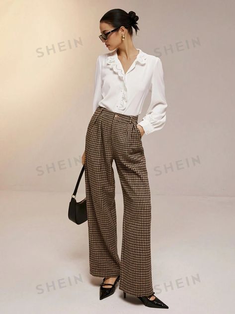 Poéselle Women's Plaid Jacquard Straight Suit Trousers With Pockets, Dress Pants,Autumn And Winter Thickened Plaid Trousers,Women's Suit Trousers, Casual Suit Trousers, Can Be Purchased With The Same Blazer, Suitable For Businesswomen, Formal Occasions For Going Out, Business Casual Occasions 24 FW | SHEIN USA Straight Suit, Plaid Trousers, Trousers Casual, Suit Trousers, Casual Suit, Trouser Suits, Pocket Dress, Womens Plaid, Autumn And Winter