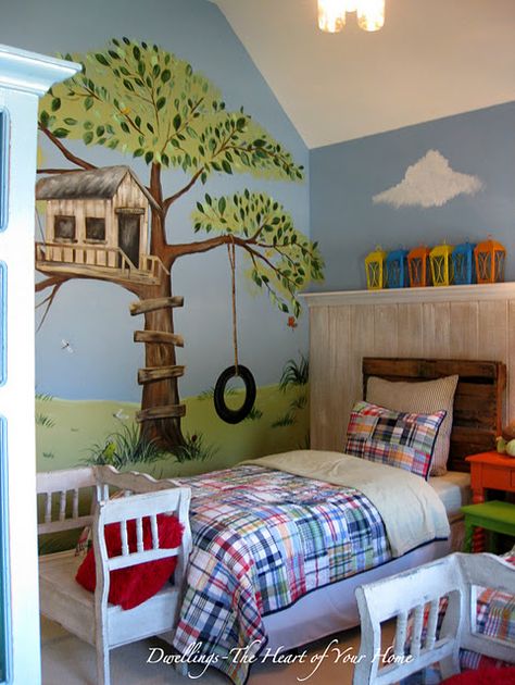 Pallet headboard...handpainted tree house mural....what a great space for a kid to grow up in! Pallet Headboard Diy, Headboard Diy, Pallet Headboard, Kids Room Murals, Diy Basement, Tree Mural, Murals For Kids, Kids Bedroom Designs, Diy Headboards