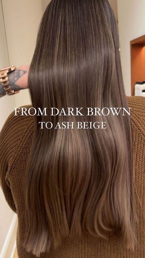 DW CREATIVE GROUP | From Dark Brown to ASH Beige 🤎✨🐻 Illuminating Bronze on very long hair 🤩 Adding dimension, enhancing the shade 🫶🏻 What do you think about… | Instagram Dark Brown Light Brown Balayage, Subtle Ombre For Dark Hair, Beige Brown Hair Color, Dark Beige Hair, Ash Beige Brown Hair, Chocolate Brown Natural Hair, Ash Dark Brown Hair, Level 6 Brown Hair, Ash Beige Hair