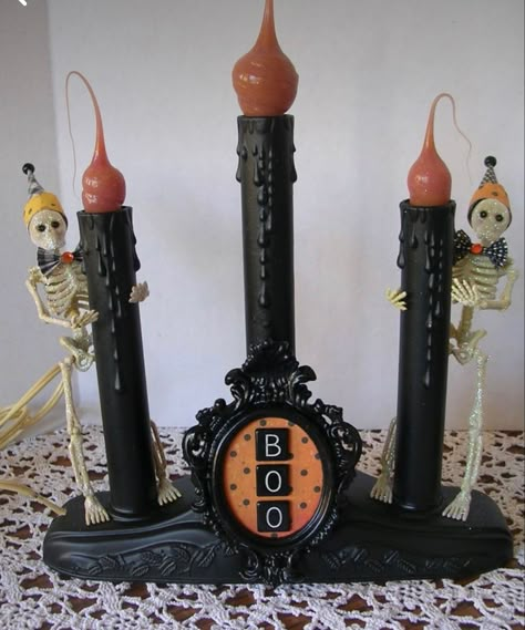 Halloween Electric Candles, Vintage Christmas Electric Candle, Halloween Cottage, Vintage Halloween Crafts, Spooky Halloween Candles, Halloween Candlesticks, Halloween Shadow Box, Halloween Dolls, Candle Halloween