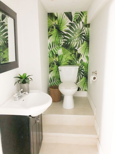 #bathroomwallpaper  #palmtrees #palmtreewallpaper #greenery #wallpapers #bathroomideas #bathroomdecor Palm Leaf Bathroom Decor, Green Leaf Wallpaper Bathroom, Small Toilet Wallpaper Tropical, Tropical Tile Bathroom, Tropical Toilet Design, Tropical Bathroom Wallpaper, Small Tropical Bathroom Ideas, Palm Tree Bathroom Ideas, Wallpaper And Tile Bathroom