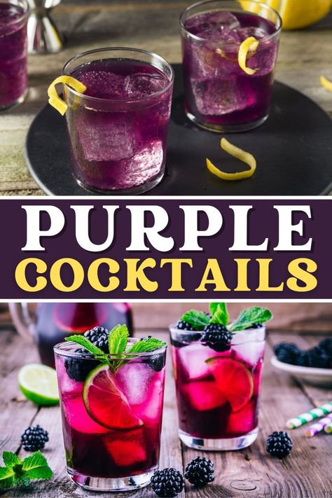 Serve up something fun with these pretty purple cocktails! From martinis to witches brew to a daiquiri, these boozy drinks are bound to be a hit. Purple Signature Drinks, Purple Drinks Alcohol, Purple Liquor, Cocktails Drawing, Purple Cocktails, Purple Drinks, Batch Cocktails, Raspberry Vodka, Pretty Cocktails