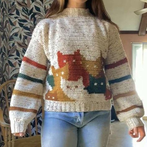 Cat Sweater Pattern, Trendy Crochet Sweater, Crochet Jumper, Cat Sweater, Rustic Retreat, Trendy Crochet, Sweater Crochet Pattern, Tapestry Crochet, Crochet Cat