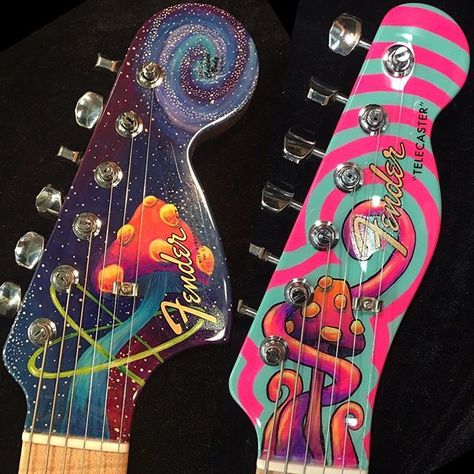 60s Psychedelic Poster Art Stratocaster and Telecaster headstocks handpainted by Madison Roy @indigomadness for #namm2017 #fender #fendercustomshop #psychedelicposterart #stratocaster #telecaster Custom Stratocaster, Electric Guitar Art, Painted Guitar, Guitar Artwork, Instruments Art, Fender Strat, Electric Guitar Design, Guitar Obsession, Guitar Painting