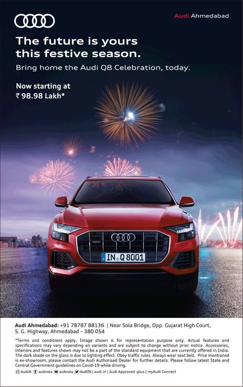 audi-ahmedabad-the-future-is-yours-this-festive-season-bring-home-the-audi-q8-celebration-ad-toi-ahmedabad-31-10-2020 Cars Advertising, Car Festival, Business Branding Design, Audi Q8, Audi Car, Billboard Advertising, Hindu Festival, Commercial Ads, Display Advertising