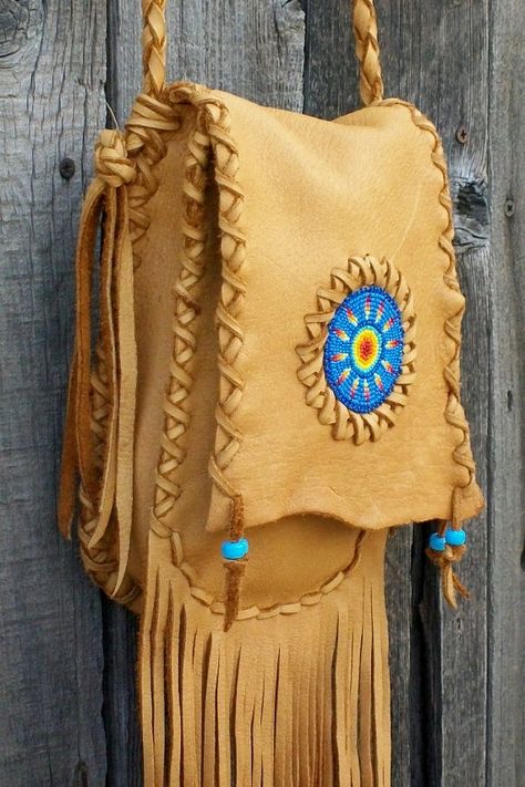 Leather handbag Fringed leather bag Crossbody bag by thunderrose Beaded Leather Bag, Pow Wow Regalia, Leather Fringe Handbag, Handmade Leather Purse, Leather Fringe Bag, Fringe Handbags, Soft Leather Handbags, Medicine Bag, Leather Sling Bag