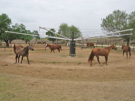 Horse hot walker Diy Horse Walker, Group Of Horses, Equine Facility, Horse Walker, Horse Archery, Paddock Paradise, Western Stuff, Horse Facts, Horse Stable