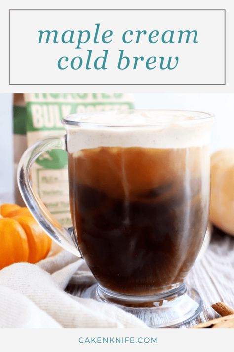 #ad A Maple Sweet Cream Cold Brew is a refreshing and creamy option for fall mornings. The homemade cold brew concentrate means you can choose your favorite @sproutsfm organic coffee to pair with the easy-to-make maple sweet cream! | cakenknife.com #coldbrewcoffee #sweetcreamcoldbrew #maplecream #maplecoffee Sweet Cream Cold Brew, Homemade Cold Brew Coffee, Cold Brew Concentrate, Cream Cold Brew, Maple Recipes, Cold Brew Coffee Recipe, Cold Brew Recipe, Fall Fun Food, Smart Snacks