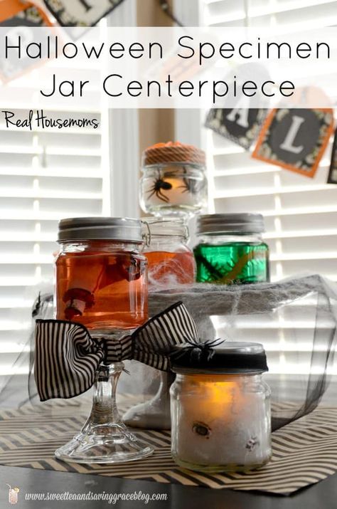 Halloween Specimen Jar Centerpiece ⋆ Real Housemoms Specimen Jars, Centerpiece Tutorial, Halloween Decorations Diy, Community Halloween, Dance Decorations, Zombie Birthday, Fairy Halloween Costumes, Halloween Dance, Diy Halloween Costumes For Women