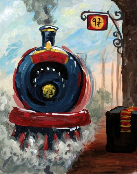 Hogwarts Train Painting, Harry Potter Easy Painting Ideas, Harry Potter Acrylic Painting Ideas, Hogwarts Acrylic Painting, Hogwarts Train Drawing, Hogwarts Painting Easy, Harry Potter Art Painting Canvases, Canvas Art Aesthetic Simple, Harry Potter Painting Ideas On Canvas