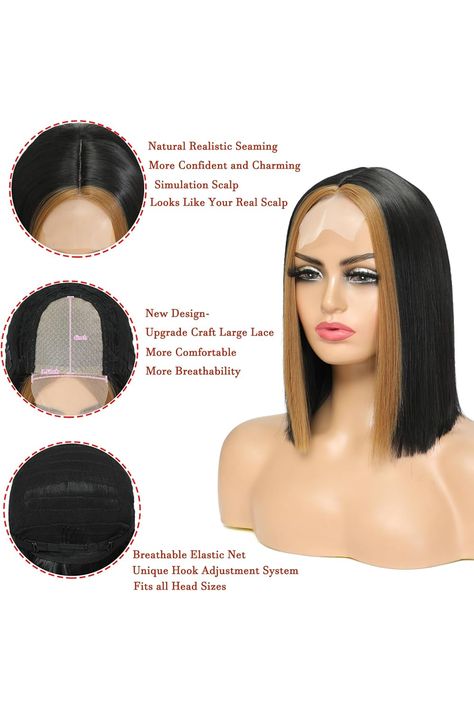 Skunk Stripe Short Bob Wig Highlight Straight Synthetic Lace Wigs for Women Synthetic Middle Part Wig Synthetic Hair Wig Natural Looking Heat Resistant Fiber Hair for Women(#27 Mixed Black) Highlight Bob Wig, Highlight Bob, Bob With Highlights, Skunk Stripe, Curly Lace Wig, Auburn Brown, Curly Bob Wigs, Bob Lace Front Wigs, Wig Short