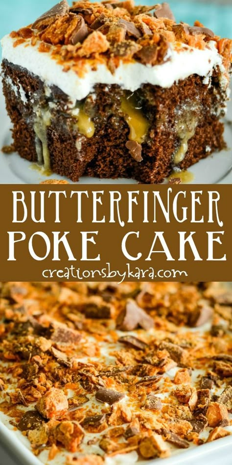 Butterfinger Poke Cake, Butterfinger Cake Recipe, Butterfinger Cake, Poke Cake Recipe, Poke Cake Recipes, Poke Cakes, Poke Cake, Köstliche Desserts, Cake Mix Recipes