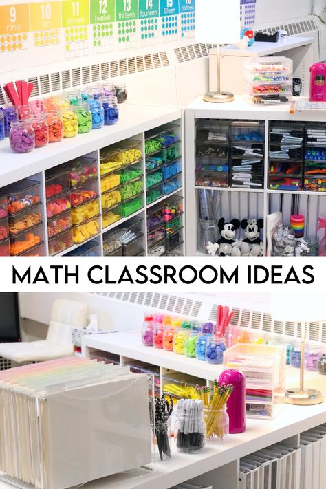 Looking for math classroom ideas? Check out this photo tour of my math space. I'm sharing all the ways I organize our learning space, math manipulatives, and more! Organize Math Manipulatives, Math Manipulatives Organization, Organizing Manipulatives, Space Math, Math Classroom Ideas, Math Lab, Math Coach, Math Organization, Math Materials