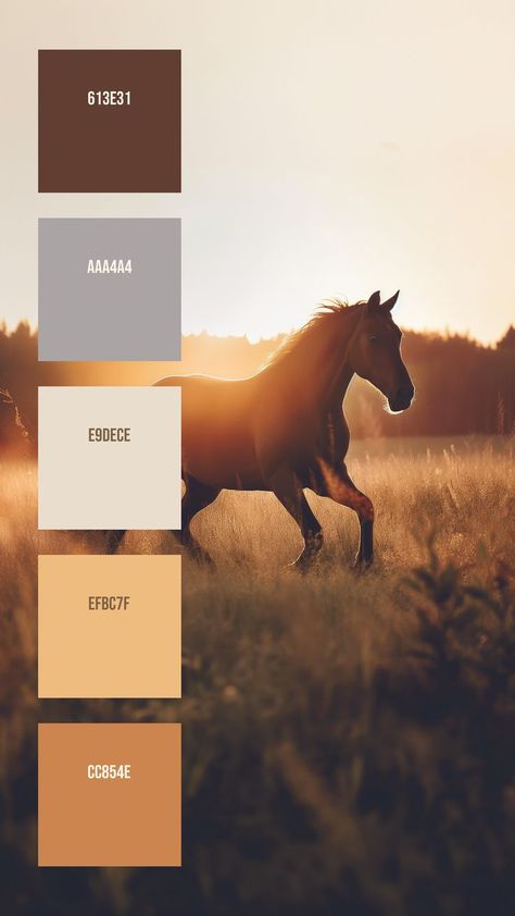 Colors:
613E31 ° AAA4A4 ° E9DECE ° EFBC7F ° CC854E Website Color Palette, Hex Color Palette, Dawn And Dusk, Nature Color Palette, Chestnut Color, Majestic Horse, Room Color Schemes, Model Paint, Soft Focus