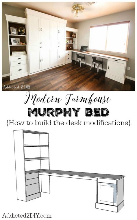 Farmhouse Murphy Bed, Murphy Bed With Desk, Diy Modern Farmhouse, Diy Murphy Bed, Murphy Bed Ideas, Horizontal Murphy Bed, Ikea Apartments, Murphy Bed Ikea, Murphy Bed Desk