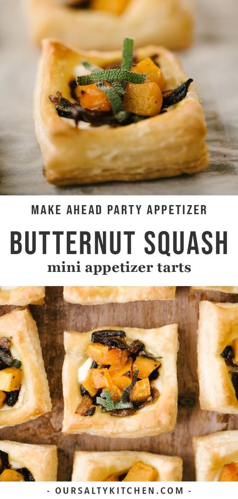 These mini butternut squash tarts are the perfect vegetarian holiday party appetizer. With roasted butternut squash, caramelized onions, ricotta cheese and fresh sage stuffed into puff pastry, they're an elegant, but easy, hors d'oeuvre. They're rich and colorful, and look so chic and elegant, yet super easy to pull together using frozen puff pastry sheets. You're cocktail party guests will be so impressed! #canape #tart #appetizer #horsdoeuvre #christmas #thanksgiving #partyfood Veggie Hors D’oeuvres, Thanksgiving Bitesize Appetizers, Squash Puff Pastry, Fall Hors D’oeuvres, Tart Appetizer, Butternut Squash Appetizer, Squash Appetizers, Fall Appetizers Easy, Cocktail Party Appetizers