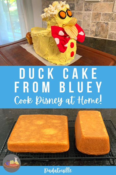 Here is a guide to making the duck cake as seen in Bluey! Anyone can do it, this was really my first time decorating a cake like this and I was able to do it! Like Bandit, it wasn’t exactly by the book, but I did my best! I had fun and my family enjoyed it, and that’s what counts! Bingo Duck Cake, Duck Cake From Bluey Cake, Bluey Duck Cake Recipe, Diy Duck Cake Bluey, Bluey Birthday Cake Duck, Bluey Birthday Party Duck Cake, How To Make A Duck Cake, Bluey Cookie Cake Ideas, Bluey Cake Duck