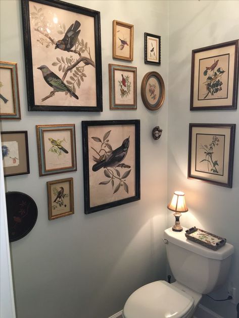 Country Style Powder Room, Bathroom Photography Decor, Eclectic Half Bathroom Ideas, Toilet Gallery Wall, Bird Themed Bathroom, Small Powder Room No Window, Gallery Wall Powder Room, Art In Powder Room, Vintage Bathroom Artwork