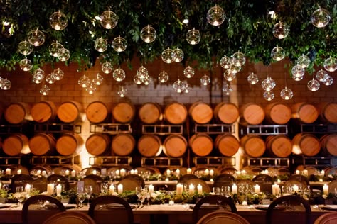 Wine Barrel Wall, Wedding Table Arrangements, Fall Wedding Bridesmaids, Vineyard Wedding Venue, California Vineyards, Fall Barn Wedding, Barrel Room, Table Arrangements Wedding, Brick Interior