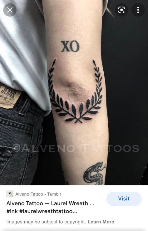 Wreath Elbow Tattoo, Laurel Wreath Tattoo, Wreath Tattoo, Bird Tattoo Wrist, Dad Tattoo, Forearm Band Tattoos, Shape Tattoo, Cool Chest Tattoos, Elbow Tattoos