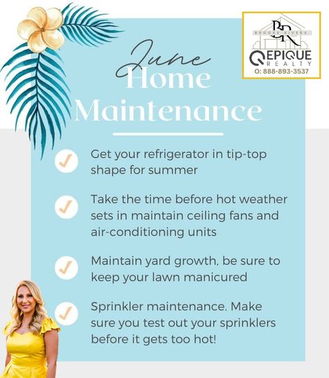 Brooke Rivera, Realtor w/ Epique Realty O:888-893-3537 Licensed in MS and AL June Home Maintenance Checklist, Home Maintenance Tips, Home Maintenance Checklist, Todo List, Real Estate Houses, Message Board, Marketing Ideas, Home Maintenance, Summer House