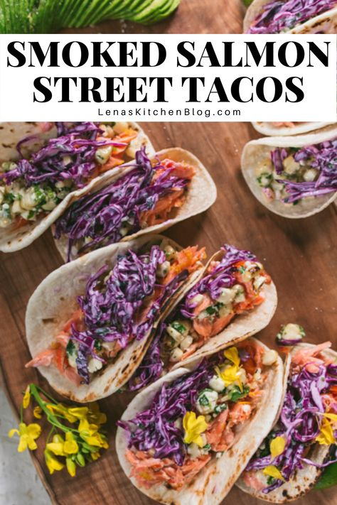 Perfectly seasoned and aromatic, these Smoked Salmon Street Tacos will turn dinner into a fiesta. Topped with a creamy, zesty purple cabbage slaw, every bite will have a huge pop of flavor. Let the smoker do the work while you sip a cocktail. #traegerrecipe #traeger #salmontacos #tacos #fishtacos Purple Cabbage Slaw For Tacos, Salmon Street Tacos, Smoked Fish Tacos, Smoked Salmon Tacos, Taco Meals, Cabbage Tacos, Salmon Fish Tacos, Purple Cabbage Slaw, Salmon Tacos Recipe