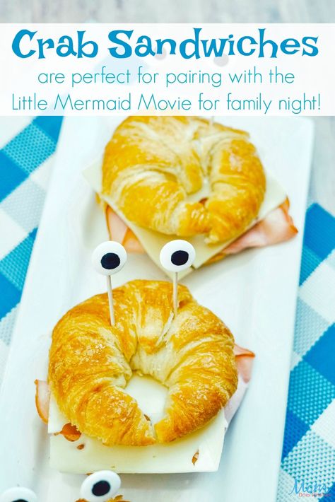 Mermaid Lunch Ideas, Mermaid Dinner Food, Little Mermaid Themed Dinner, Little Mermaid Dinner And A Movie, Little Mermaid Movie Night, Mermaid Recipes, Mermaid Dinner, Cheesy Foods, Crab Sandwiches