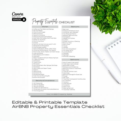 With this EDITABLE Airbnb Inventory Checklist, you will be able to edit and customize your Airbnb Essentials Checklist template in Canva. First impressions are everything and being thorough and thoughtful in presenting your guests with a comfortable experience is a key satisfaction factor for Air BNB properties. Use this editable host template to elevate your vacation rental property by providing the amenities that your guests desire. You can customize the checklist to suit your property ameniti Housekeeping Checklist, Airbnb Essentials, Inventory Checklist, Housekeeper Checklist, Welcome Basket, Essentials Checklist, Airbnb Wedding, Air Bnb, Airbnb Host