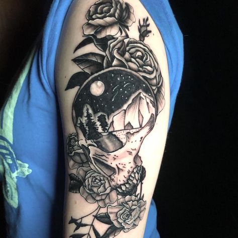 Skull And Mountain Tattoo, Black And Grey Sleeve Women, Month Tattoos, Moutain Tattoos, Grunge Tattoos, World Famous Tattoo, Bull Skull Tattoos, Sister Tat, World Famous Tattoo Ink